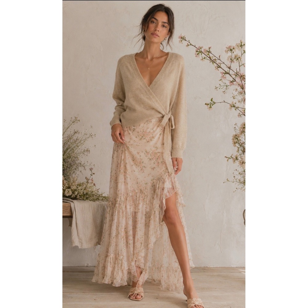 AK Anna Kay Beige Cashmere Blend Faux Wrap Cardigan Sweater Medium